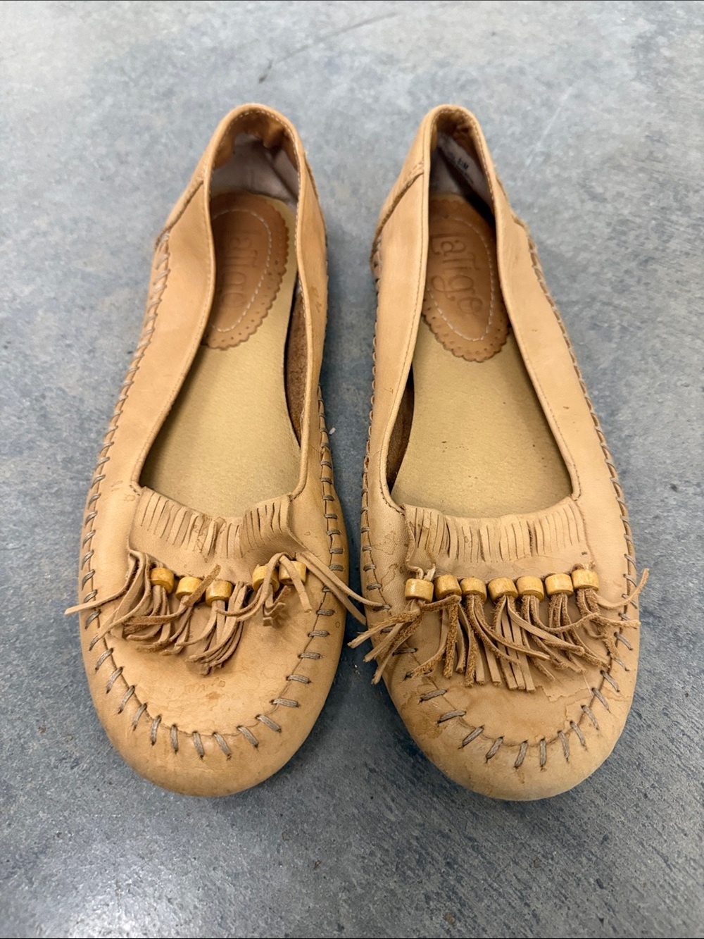Latigo Tan Fringe Moccasin Flats with Bead Detail